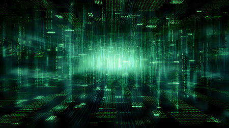 abstract green matrix background, cyberspace concept, 3d renderの素材