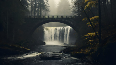 Waterfall in the forest in misty morning with old stone bridgeの素材