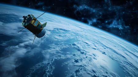 Space satellite flying over the planet Earth.の素材