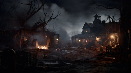 Creepy Halloween night scene with scary haunted house. 3d renderingの素材
