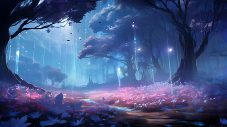 Mystical dark forest with fog, 3d render illustration.の素材