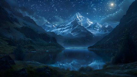 Mountain lake in the mountains at night with stars in the skyの素材