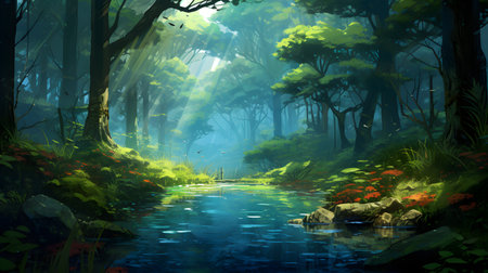 Fantasy landscape with river in the forest. Digital art painting.の素材