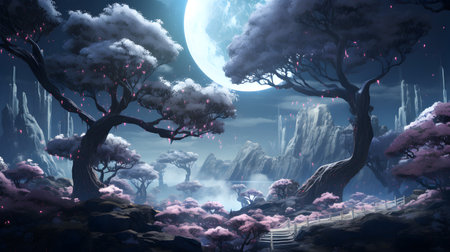 Fantasy landscape with fantasy trees and the moon. 3d renderingの素材