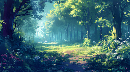 Beautiful forest landscape with fog and sunbeams. Digital paintingの素材
