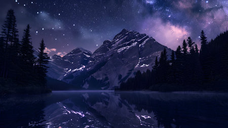 Mountain landscape with lake and starry sky. 3d renderの素材