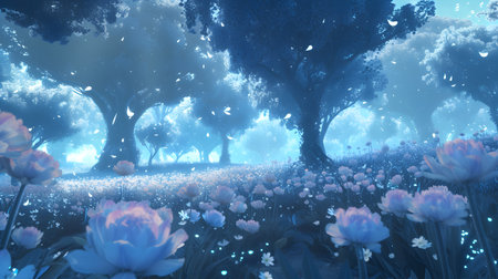 3D render of a beautiful spring landscape with blooming tulipsの素材