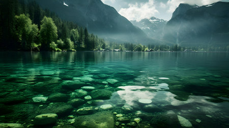 Beautiful alpine lake with crystal clear water and mountains in backgroundの素材