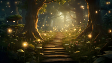 Mystical dark forest with stairs and glowing light. 3D renderingの素材