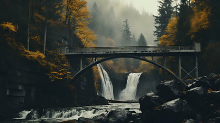 Autumn waterfall in the mountains. A bridge over the river.の素材