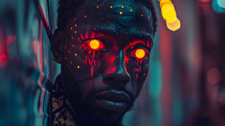 Close up portrait of an African American man with bloody bodyart in a dark room.の素材