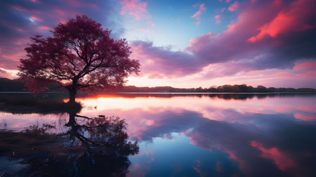 Beautiful sunset over a lake with a tree and reflection in the waterの素材