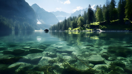 Beautiful mountain lake with clear water and green forest in the backgroundの素材