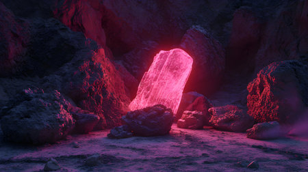 3d illustration of a lava flow in a cave with red lightの素材