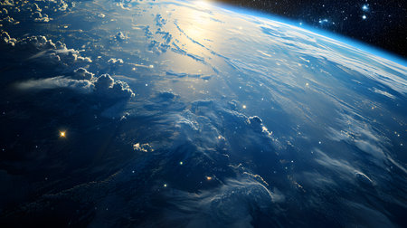 View of the planet Earth from space during a sunrise 3D renderingの素材
