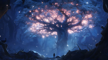 3D rendering of a fantasy landscape with a tree and a manの素材