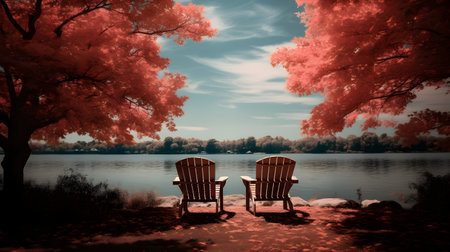 Two chairs on the shore of the lake at sunset. Beautiful autumn landscape.の素材