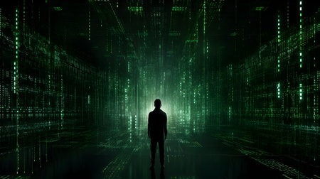 Businessman standing in front of digital binary code. 3D renderingの素材