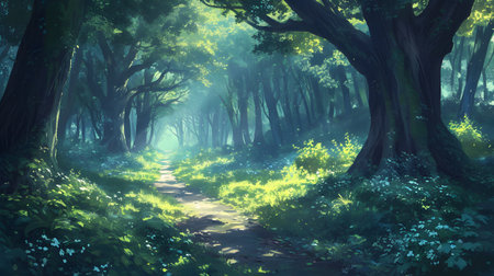 Beautiful summer forest with a path leading to the sunbeamsの素材
