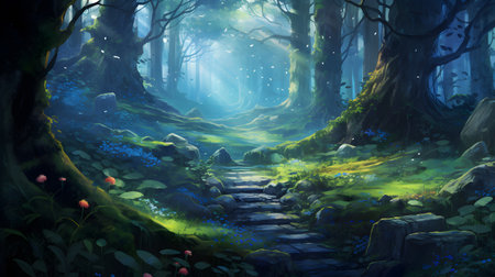 Fantasy landscape with a path in the forest. Digital painting.の素材