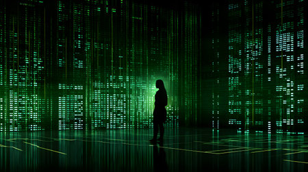Silhouette of businesswoman standing in front of glowing binary codeの素材