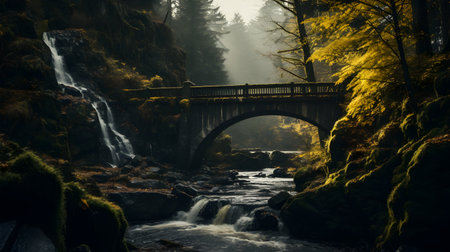 A beautiful shot of a bridge over a river in the middle of a forestの素材