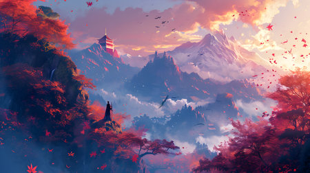 Digital painting of a man standing on top of a mountain.の素材