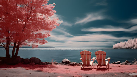 Two chairs on the beach in the morning time,3d renderの素材