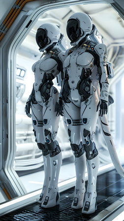 3D rendering of a female robot in a futuristic space station.の素材