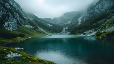 Mountain lake in the Italian alps at foggy dayの素材