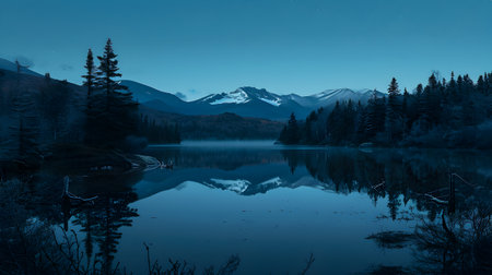 Snowy Mountains reflected in a lake at night.の素材