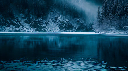 Beautiful winter landscape with lake frozen and mountains in the background.の素材