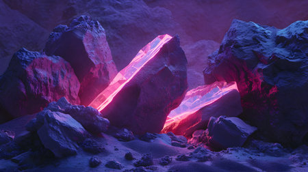Futuristic scene with neon lights and rocks. 3d renderingの素材