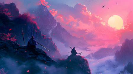 Fantasy scene with a warrior in the mountains.3d illustrationの素材