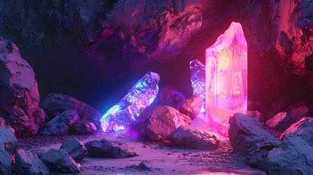 3d illustration of a crystal in a cave with pink and blue lightsの素材