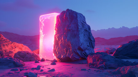 Fantasy alien planet. Mountain and door. 3D illustration.の素材