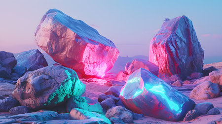 Icebergs on the beach at sunset. 3d rendering.の素材