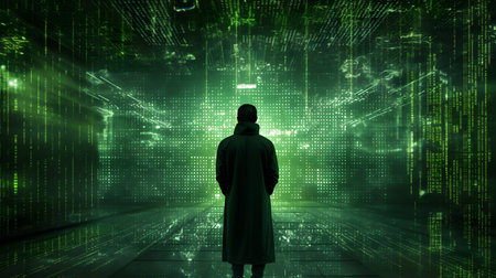 Silhouette of a hacker in front of a glowing matrix backgroundの素材