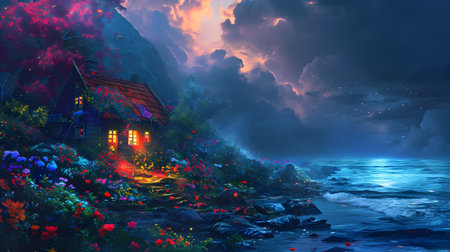 Fantasy landscape with house on the beach. 3D illustration.の素材