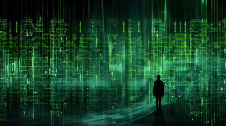 Silhouette of businesswoman standing on abstract green background with binary codeの素材