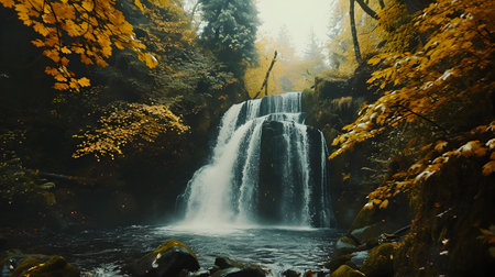 Autumn waterfall in the forest. Waterfall in the autumn forest.の素材