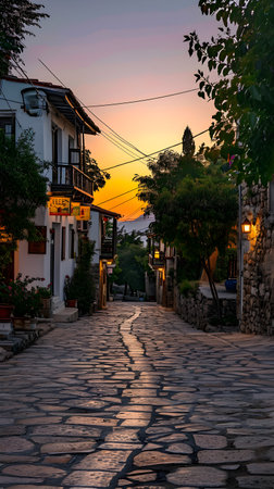 Sunset on the street of the old town of Nessebar.の素材