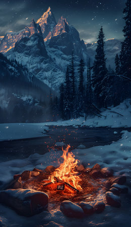 Bonfire on the background of snow-capped mountain peaks.の素材