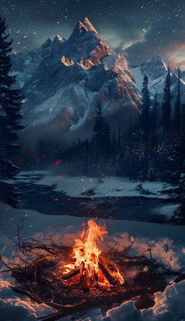 Beautiful winter landscape with a bonfire in the mountains. Night.の素材
