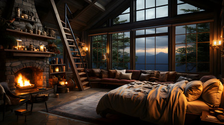3D rendering of a modern bedroom in a country house at nightの素材