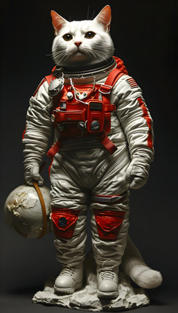 Astronaut in spacesuit with a white cat on a dark backgroundの素材