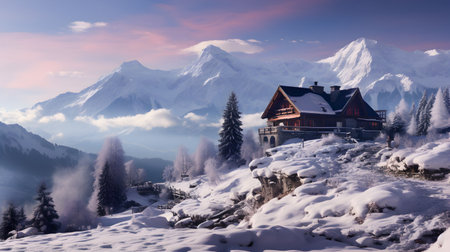 Beautiful winter landscape with wooden house in the mountains at sunrise.の素材