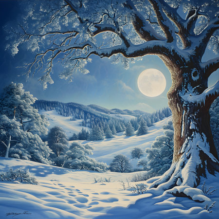 Winter landscape with snowy trees and full moon. 3D illustration.の素材