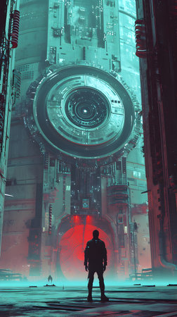 Silhouette of a man standing in front of a futuristic tunnelの素材
