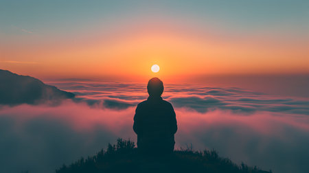 Silhouette of a man sitting on the top of the mountain and looking at the sunrise.の素材